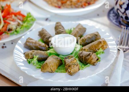 Dolma - rotoli di foglie d'uva e carne, su piatto bianco, grande immagine per le vostre esigenze. Foto Stock