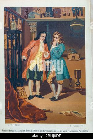 Robert Boyle FRS (25 gennaio 1627 – 31 dicembre 1691) è stato un filosofo, chimico, fisico e inventore naturale anglo-irlandese. Boyle è oggi considerato in gran parte il primo chimico moderno, e uno dei pionieri del metodo scientifico sperimentale moderno. È noto soprattutto per la legge di Boyle, che descrive la relazione inversamente proporzionale tra la pressione assoluta e il volume di un gas, se la temperatura viene mantenuta costante all'interno di un sistema chiuso. Tra le sue opere, lo scettico Chymist è visto come un libro di pietra angolare nel campo della chimica. Era un anglicano devoto e pio ed è noto Foto Stock
