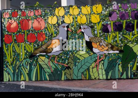 Vista ravvicinata di un letto fiorito decorato da ceramiche che rendono gli uccelli e i tulipani del sud Foto Stock