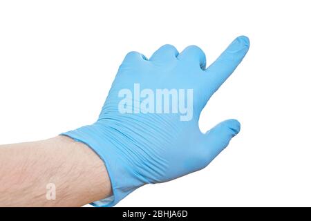 Le mani indossano guanti di gomma blu rivolti verso o toccati. Isolato su bianco. Foto Stock