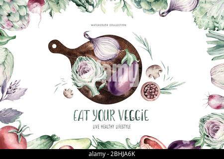 Ortaggi sani acquerello organico tagliere di legno con i peperoni, porri, cipolle e avocado vitamina rosmarino illustrazione. Isolato di lattuga Foto Stock