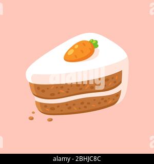 Fetta di torta di carote con crema di formaggio glassa e decorazione di carote marzapane. Illustrazione semplice e carina della clip art vettoriale. Illustrazione Vettoriale