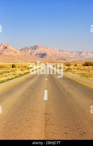 Guida su strada senza fine guida deserto vuoto paesaggio ritratto formato loneliness viaggio infinito Foto Stock