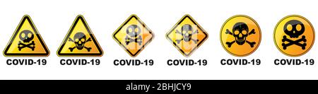 Serie di segni di pericolo di coronavirus. Illustrazione vettoriale. Simboli di avvertenza con cranio umano. Cartello di pericolo giallo Illustrazione Vettoriale