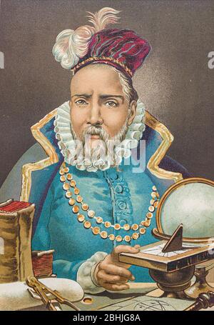 Tycho Brahe (Tyge Ottesen Brahe, 14 dicembre 1546 – 24 ottobre 1601) è stato un nobile, astronomo, astrologo, alchimista e scrittore danese del libro la ciencia y sus hombres : vidas de los sabios ilustres desde la antigüedad hasta el siglo XIX T. 2 [Science and its men: Vive dei saggi illustri dall'antichità al secolo XIX Vol 2] di Figuier, Louis, (1819-1894); Casabó y Pagés, Pelegrín, n. 1831 pubblicato a Barcellona da D. Jaime Seix, editore , 1879 (Imprenta de Baseda y Giró) Foto Stock