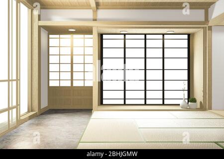 Camera grande e vuota in stile tropicale Giapponese. Rendering 3D Foto Stock