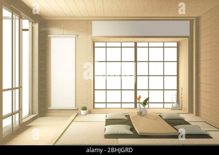 Interni dal design tropicale con divano per soggiorno in stile giapponese. Rendering 3D Foto Stock