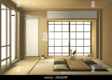 Interni dal design tropicale con divano per soggiorno in stile giapponese. Rendering 3D Foto Stock