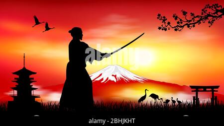 Un uomo sta con una spada nelle sue mani sullo sfondo del monte Fuji. Paesaggio giapponese. Tramonto. Illustrazione Vettoriale