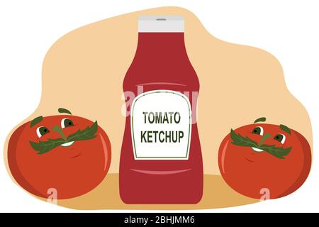 I pomodori divertenti ammirano il delizioso ketchup di pomodoro Illustrazione Vettoriale