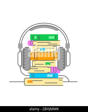 Concetto audiolibro. Illustrazione vettoriale a linea sottile piatta. Pila di libri con cuffie. Metafora elettronica del libro. Elemento logo online della libreria Illustrazione Vettoriale