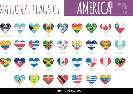 Set di 35 bandiere a forma di cuore dei paesi d'America. Illustrazione di Icon Set Vector (Imposta vettore). Illustrazione Vettoriale