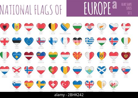 Set di 56 bandiere a forma di cuore dei paesi d'Europa. Illustrazione di Icon Set Vector (Imposta vettore). Illustrazione Vettoriale