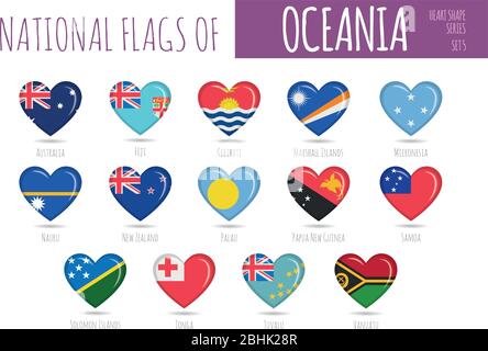 Set di 14 bandiere a forma di cuore dei paesi dell'Oceania. Illustrazione di Icon Set Vector (Imposta vettore). Illustrazione Vettoriale