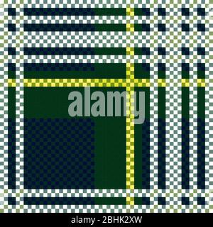 Motivo scozzese a contrasto senza cuciture in colori bianco, verde, blu e giallo, texture per flanella camicia, plaid, tovaglie, vestiti, coperte e Illustrazione Vettoriale