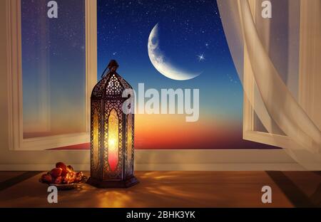 Lanterna Ramadan dalla finestra aperta. Bella cartolina d'auguri con spazio per le fotocopie per le vacanze del Ramadan e dei Musulmani. Una lampada araba illuminata. Supporti misti. Foto Stock