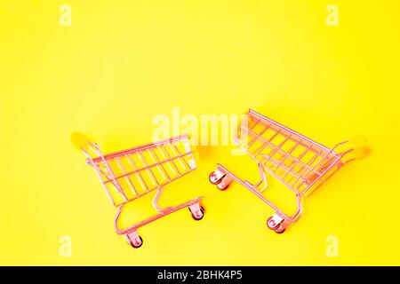 Due piccoli carrelli in metallo per lo shopping isolati su brillante colore menta giallo sfondo. Vista dall'alto. Spazio di copia per il testo. Shopping, Foto Stock