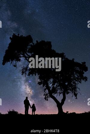 Silhouette di un uomo che tiene la mano della figlia godendosi la strada lattea sotto un albero nel cielo notturno Foto Stock