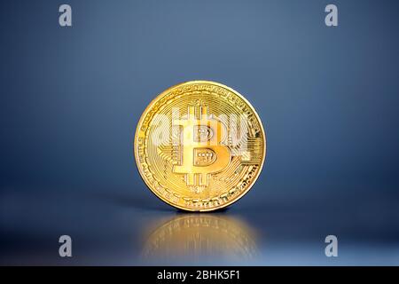 Foto Bitcoins d'oro, nuovi soldi virtuali su sfondo grigio blu, concetto di business criptocurrencys Foto Stock