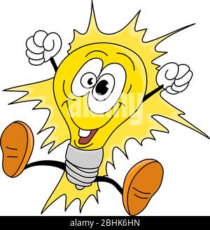 Lampadina a fumetto che salta nell'aria felicemente illustrazione vettoriale Illustrazione Vettoriale