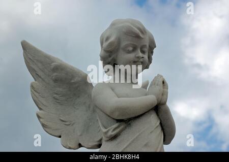 Statua scolpita in pietra di un cherubino che prega sopra una tomba del XIX secolo. Foto Stock