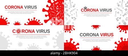 Set di banner Coronavirus con design di modelli con spazio di testo. Illustrazione piatta delle celle Covid-19 pericolose. Nuovo focolaio di coronavirus 2019-ncov e concetto globale di banner vettoriale pandemico. Illustrazione Vettoriale