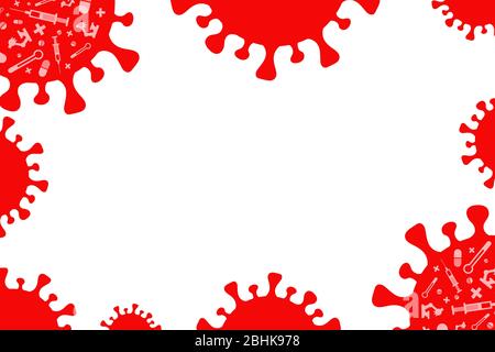 Struttura di cellule di Coronavirus Covid-19. Illustrazione vettoriale piatta di cellule di coronavirus rosso e strumenti medici e pillole isolati su sfondo bianco. Salute e soggiorno concetto casa. Illustrazione Vettoriale