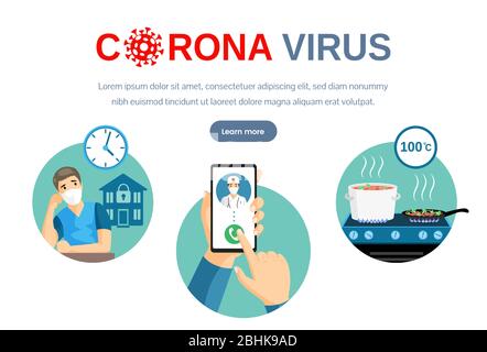 Modello di pagina di destinazione di Coronavirus Covid-19 con spazio di testo. Rimanere a casa sulla quarantena durante la pandemia globale, cucinare e disinfettare il cibo, chiamare il medico se si sente male vettore piano sito web design. Illustrazione Vettoriale