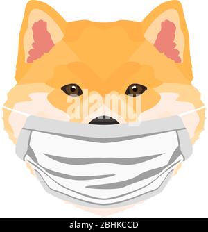 Illustrazione di un Shiba Inu con un respiratore. In questo momento della pandemia, il disegno è un grafico piacevole per gli appassionati di cani. Illustrazione Vettoriale