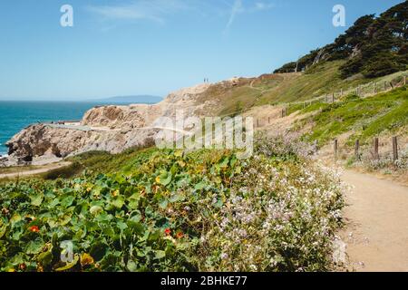 Vista panoramica dal Sutro Baths Upper Trail sull'Oceano Pacifico. Luoghi turistici a San Francisco, destinazioni di viaggio nella Bay Area, California punti di riferimento Foto Stock