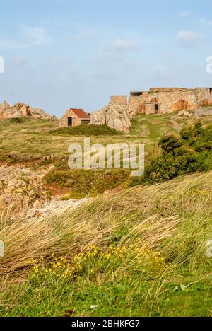 Rovine delle fortificazioni tedesche della seconda guerra mondiale sulla costa di Guernsey, Isole del canale, Regno Unito Foto Stock