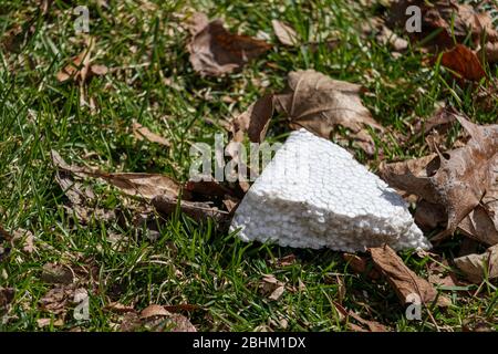 Un pezzo di schiuma da imballaggio è stato rotto fuori di imballaggio e ora giace districato sul terreno tra erba e foglie essiccate. Foto Stock