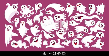 Set di cartoni animati piatti colorati con fantasmi. Collezione Halloween simpatici e spaventosi mostri spettrali. Personaggio divertente e divertente. Molti fantasmi Halloween concetto. Illustrazione vettoriale isolata Illustrazione Vettoriale