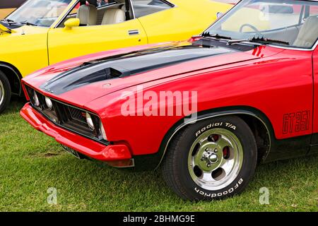 Automobili / Australiano fatto 1974 Ford XB GT Falcon hardtop esposto ad un Motor show a Melbourne Victoria Australia. Foto Stock