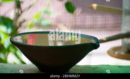 acqua in vaso di creta per gli uccelli in estate calda Foto Stock
