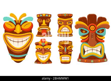 Set di maschere tribali tiki tradizionali hawaiane. Collezione di maschere o totem polinesiane. Tradizionale maschera africana in legno colorato. Isolato su sfondo bianco Illustrazione Vettoriale