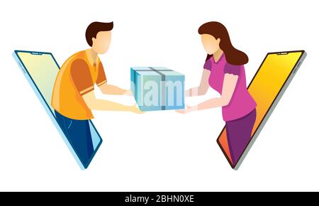 Online Home delivery app prodotti alimentari shopping merci corriere a casa consegna ordine tramite telefono Illustrazione Vettoriale
