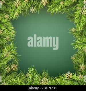 Carta con bordo albero di Natale, cornice realistico rami abete-albero su sfondo verde. EPS 10 Illustrazione Vettoriale