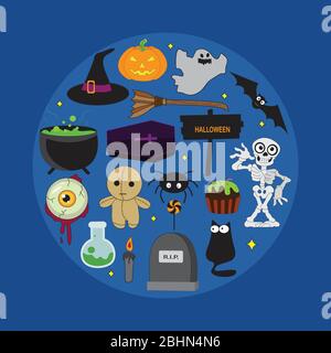 Set vettoriale con illustrazioni e icone di Halloween: Zucca, jack o' lanterna, strega, pipistrello, cranio, frankenstein, dracula Illustrazione Vettoriale