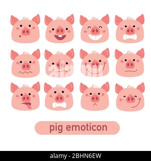 Set emoticon Vector Pink Piggy. Illustrazione di cartoni animati Illustrazione Vettoriale