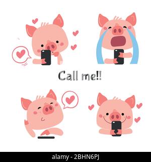 Illustrazione del set vettoriale Piggy rosa con telefono. Adesivi per social network, avatar Illustrazione Vettoriale