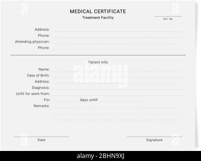 Modello di certificato medico. Modulo di prescrizione diagnostica sanitaria Illustrazione Vettoriale