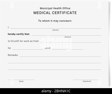 Modulo di certificato medico. Modello di blocco per malattia. Illustrazione Vettoriale