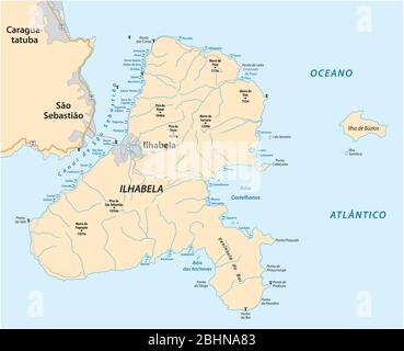 Mappa vettoriale stradale e spiaggia dell'isola brasiliana di Ilhabela nello stato di San Paolo, Brasile Illustrazione Vettoriale