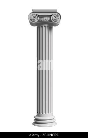 Colonna a colonna marmo antico greco in pietra, piedistallo in stile ionico, isolato su sfondo bianco, verticale. illustrazione 3d Foto Stock