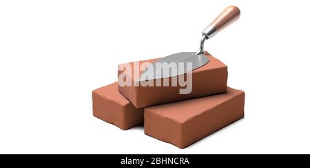 Concetto di muratura. Utensile manuale con trowel in metallo con manico in legno su mattoni di ceramica marrone isolato su sfondo bianco. Preparazione di una costruzione di mattoni Foto Stock