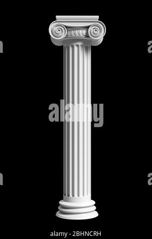 Colonna colonna in pietra antica greca bianca, piedistallo in stile ionico, su sfondo nero, verticale. illustrazione 3d Foto Stock