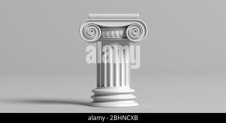 Colonna colonna antica greco bianco colore marmo pietra, piedistallo stile ionico, su sfondo grigio, copia spazio. Modello di tema di architettura, legge. 3d Foto Stock