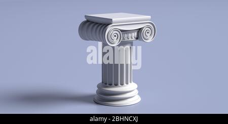 Colonna colonna antica greco bianco colore marmo pietra, piedistallo stile ionico, su sfondo blu, copia spazio. Modello di tema di architettura, legge. 3d Foto Stock
