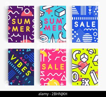 Set di poster estivi. Modello di disegno geometrico Bright Memphis per banner, cartoline e sfondi flyer. Illustrazione vettoriale creativa. Illustrazione Vettoriale
